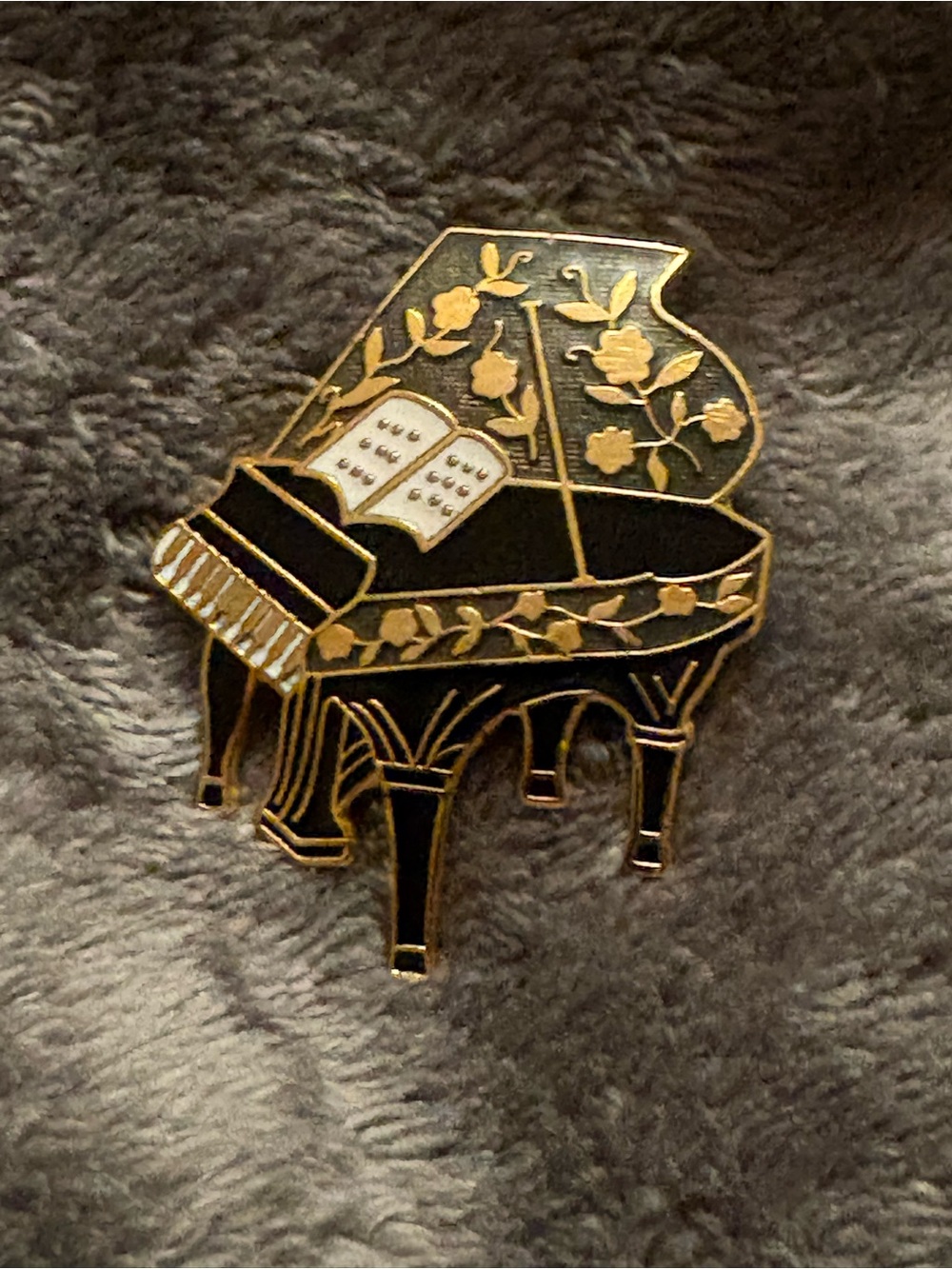 Vintage Gold & Black Grand Piano Brooch - Elegant Floral Design Damascene Pin